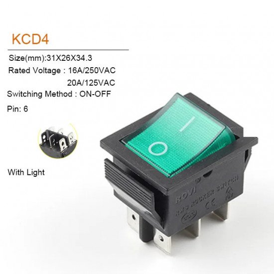 KCD4 25*31mm 6Pin Rocker Switch with Light 